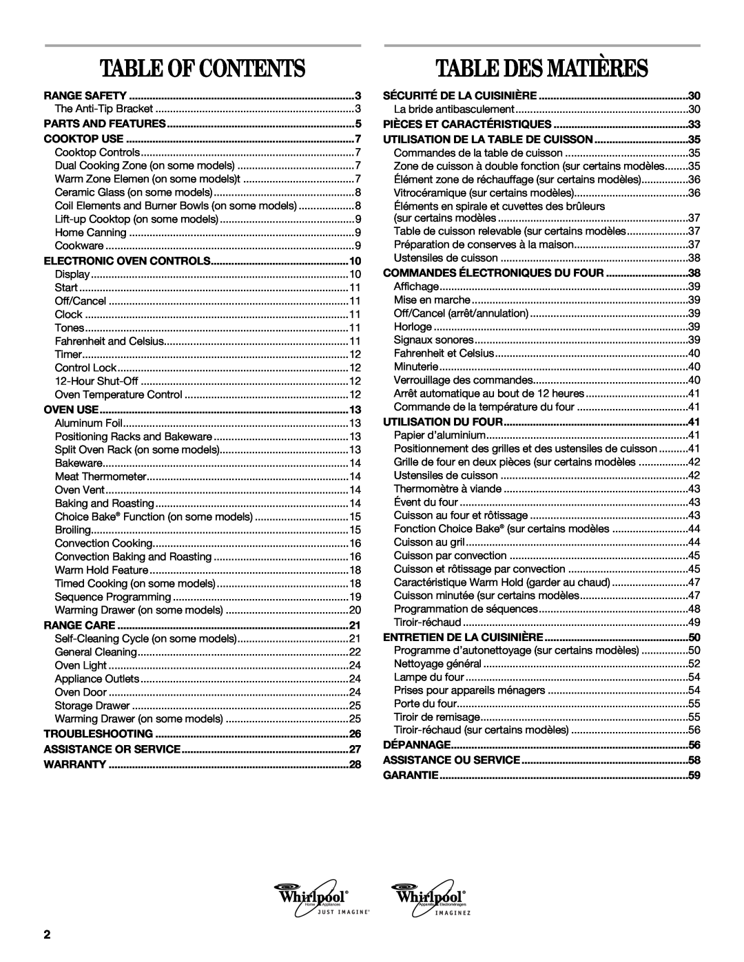 Whirlpool GERC4110PB0 manual Table Des Matières, Table Of Contents 