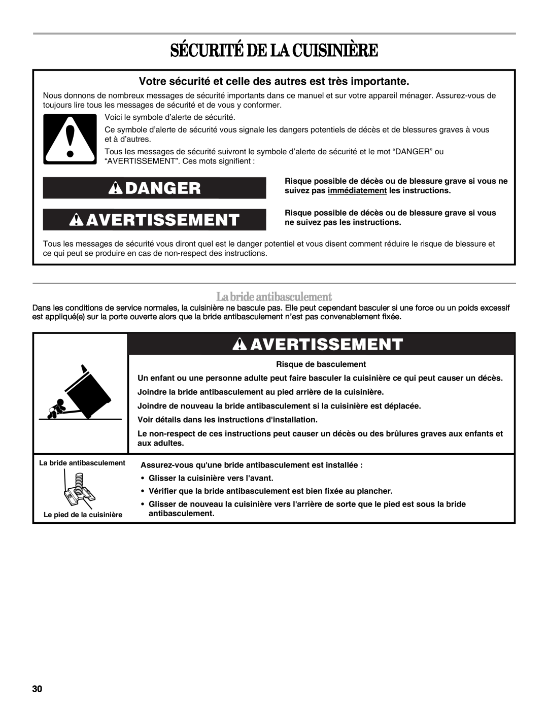 Whirlpool GERC4110PB0 manual Sécurité De La Cuisinière, Danger Avertissement, Labrideantibasculement, Risque de basculement 