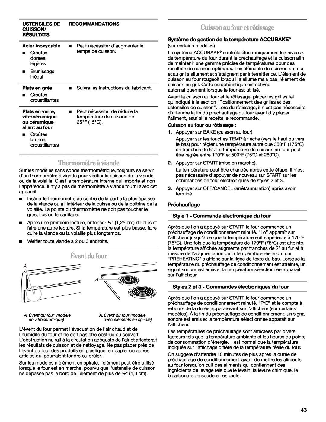 Whirlpool GERC4110PB0 manual Thermomètreà viande, Éventdu four, Cuissonau fouretrôtissage 