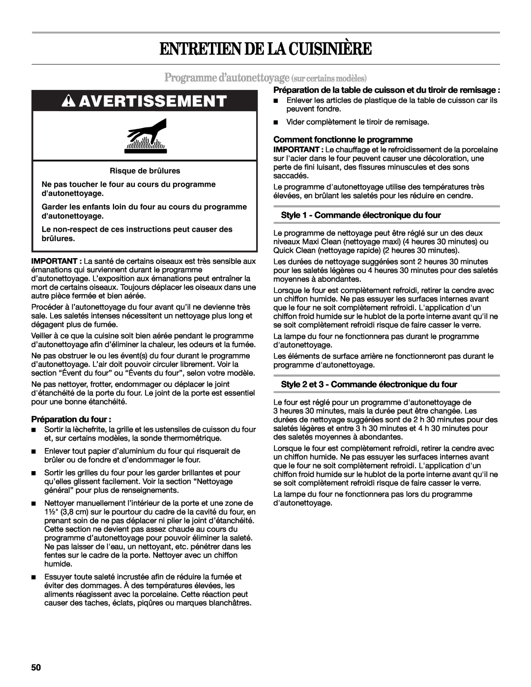 Whirlpool GERC4110PB0 manual Entretien De La Cuisinière, Programmed’autonettoyagesurcertainsmodèles, Préparation du four 