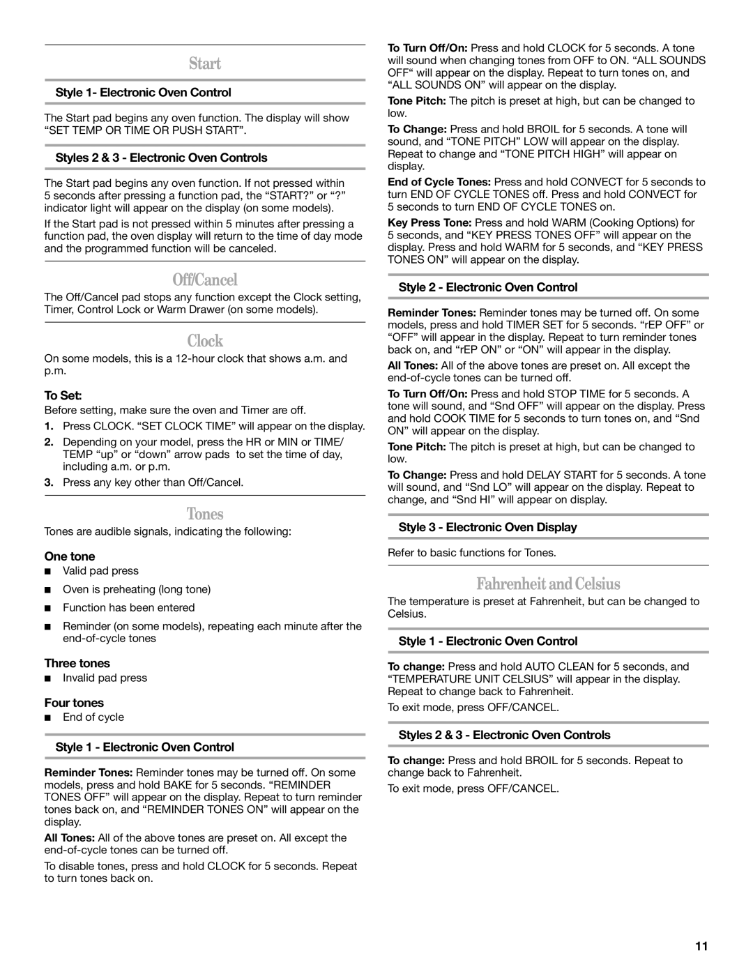 Whirlpool GERC4110PB2 manual Start, Off/Cancel, Clock, Tones, Fahrenheit and Celsius 