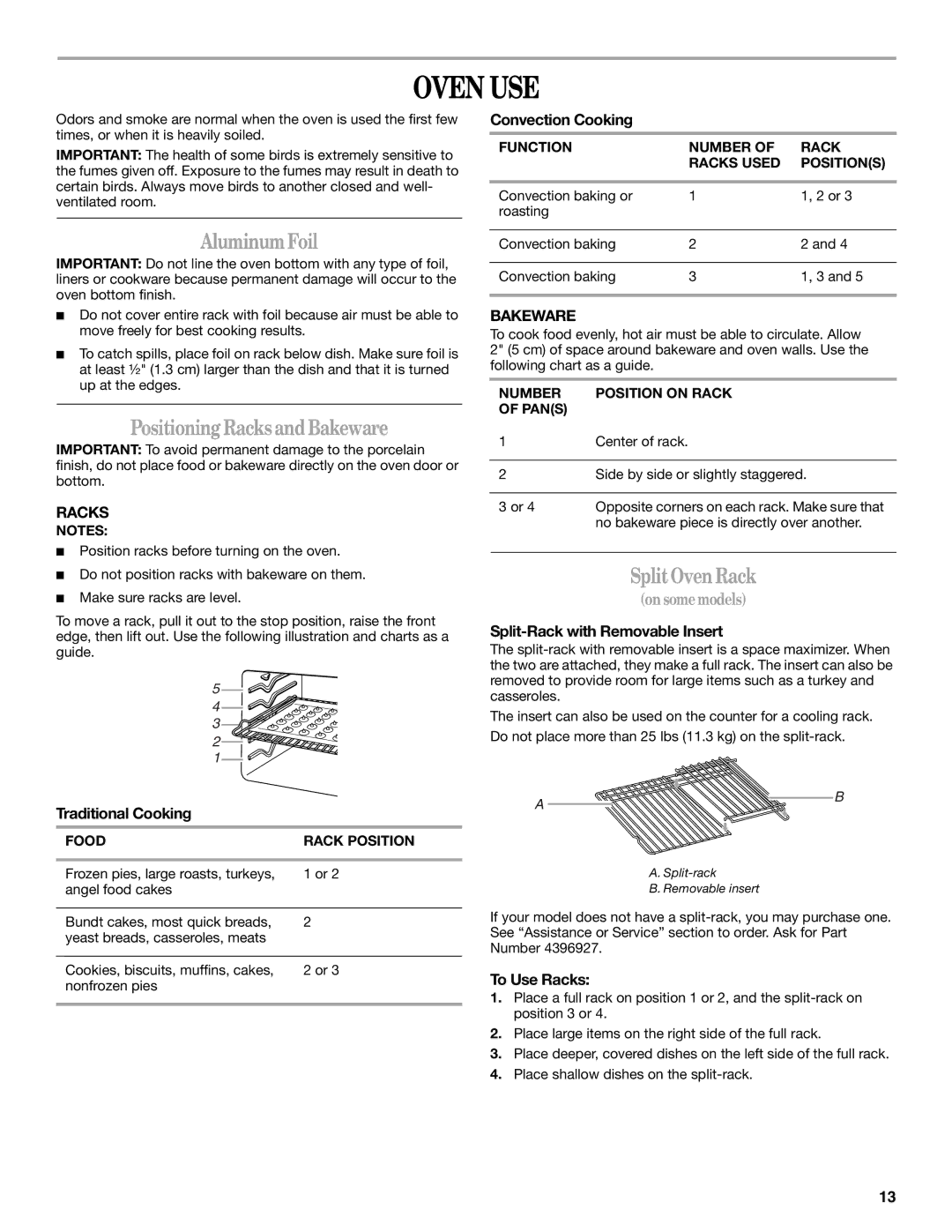 Whirlpool GERC4110PB2 manual Oven USE, Aluminum Foil, Positioning Racks and Bakeware, Split Oven Rack 