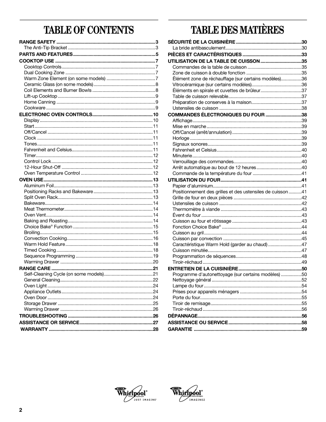 Whirlpool GERC4110PB2 manual Table DES Matières 