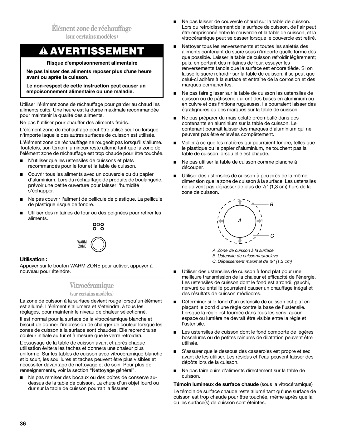 Whirlpool GERC4110PB2 manual Élément zone de réchauffage, Vitrocéramique, Utilisation 