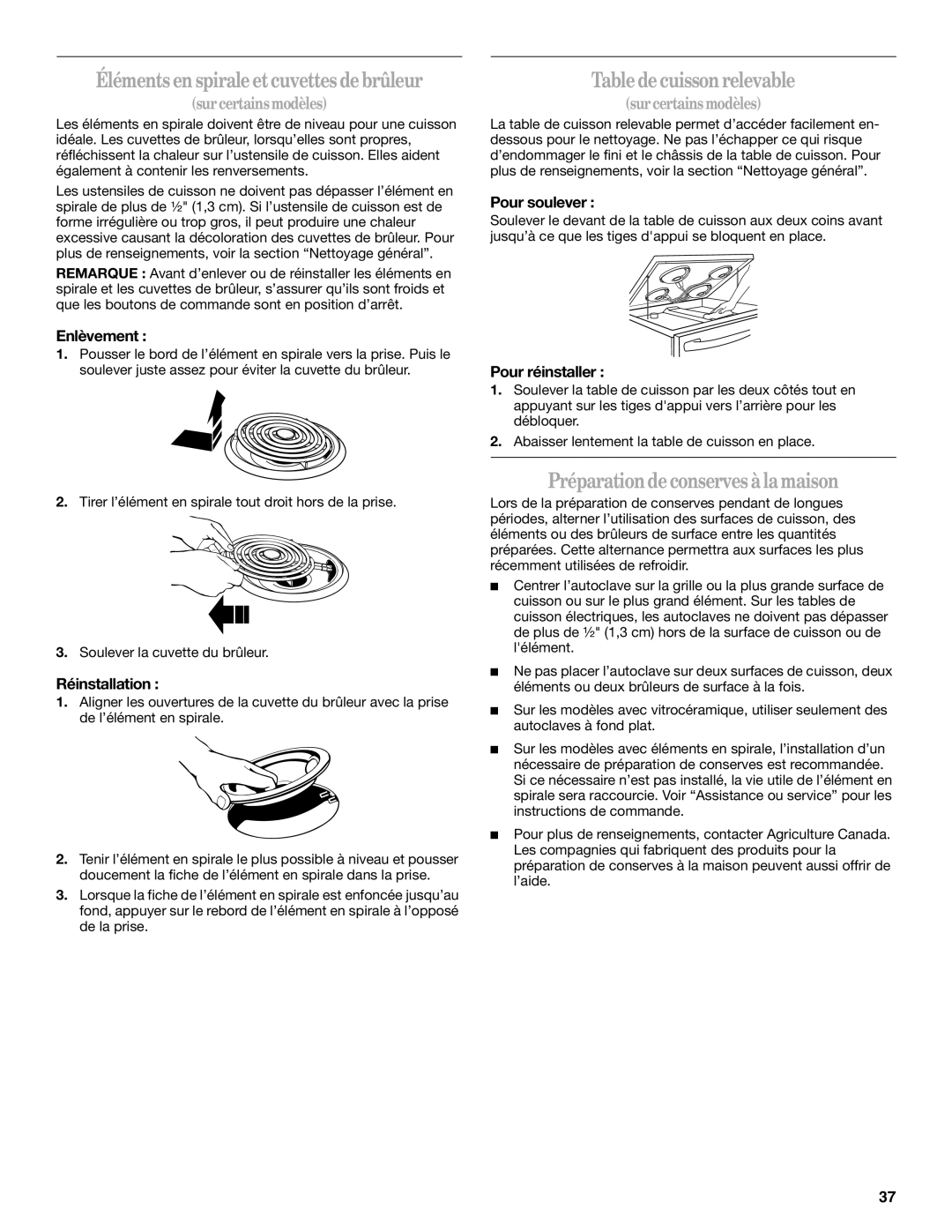 Whirlpool GERC4110PB2 manual Table de cuisson relevable, Préparation de conserves à la maison 