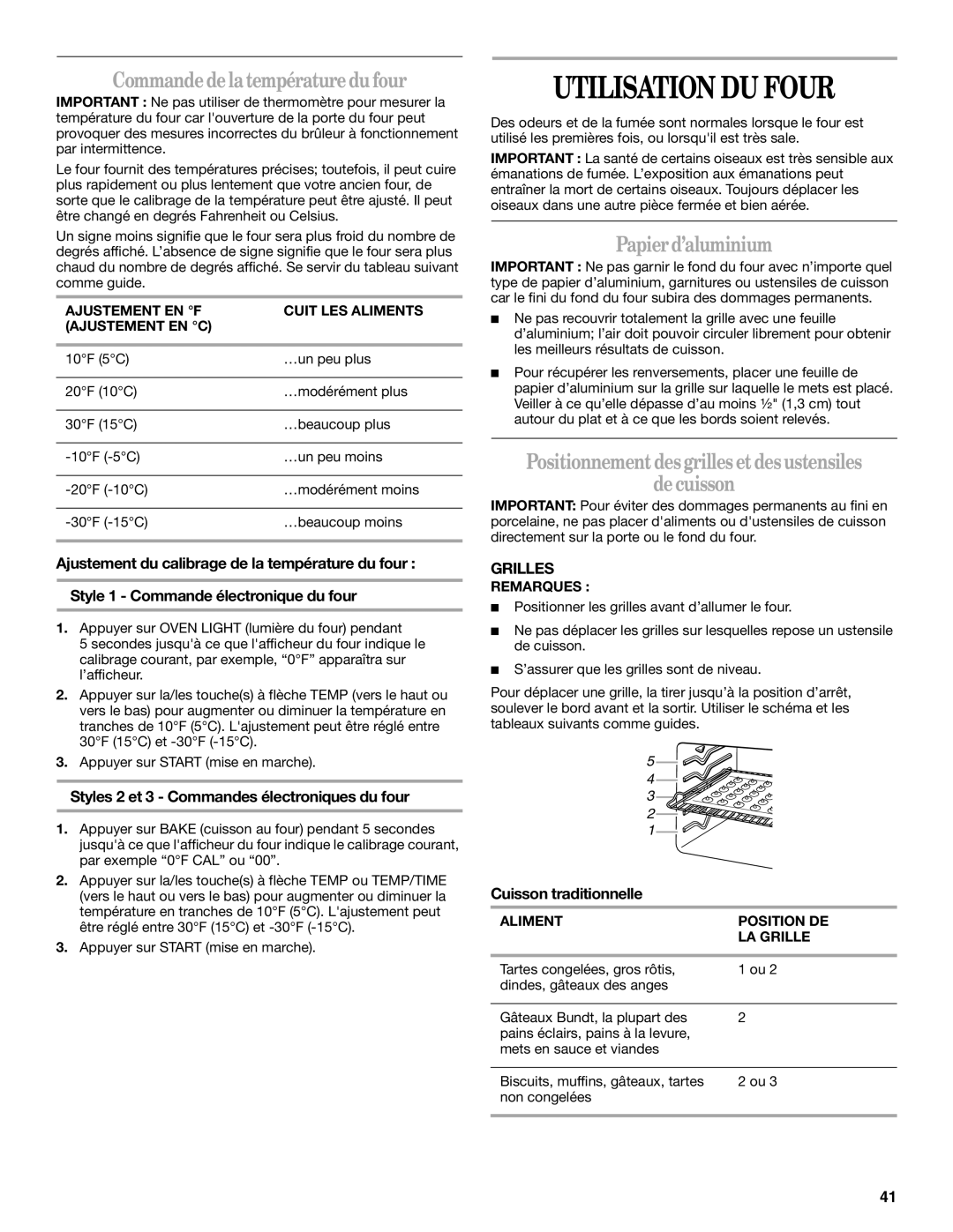 Whirlpool GERC4110PB2 manual Utilisation DU Four, Commande de la température du four, Papier d’aluminium, Grilles 