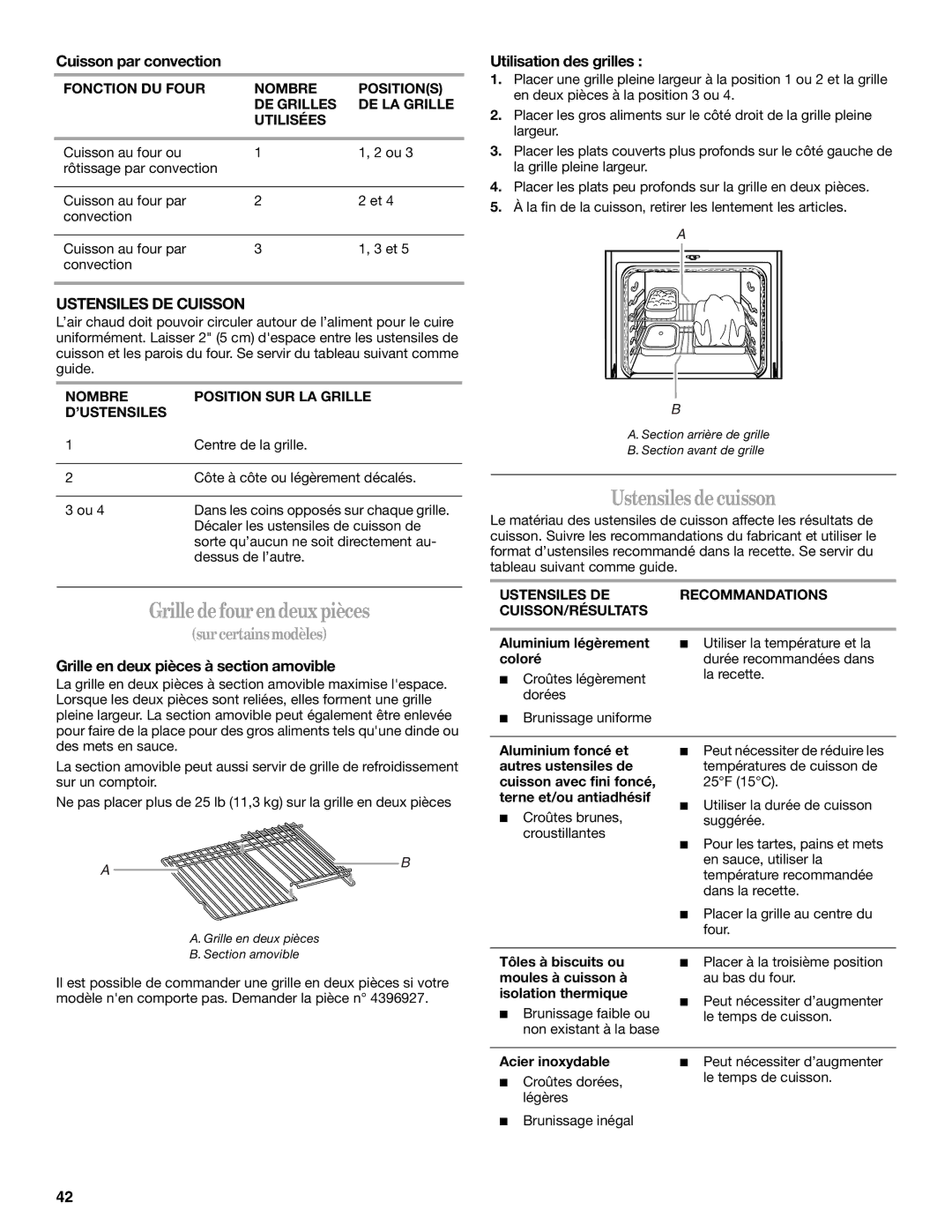 Whirlpool GERC4110PB2 manual Grille de four en deux pièces, Cuisson par convection, Ustensiles DE Cuisson 