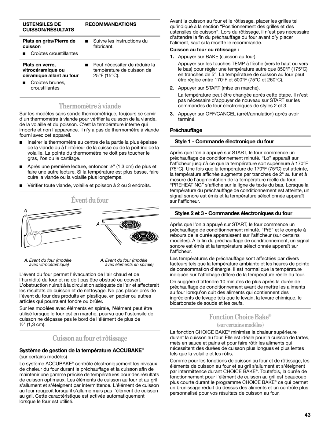 Whirlpool GERC4110PB2 manual Thermomètre à viande, Évent du four, Cuisson au four et rôtissage, Fonction Choice Bake 