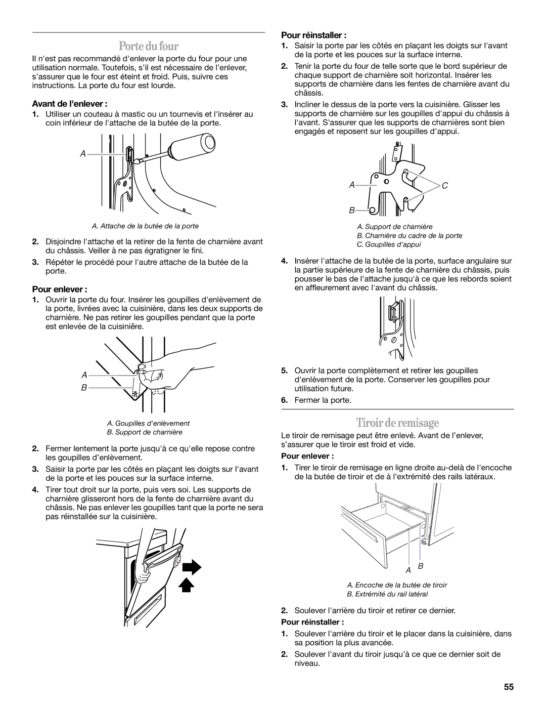 Whirlpool GERC4110PB2 manual Porte du four, Tiroir de remisage, Avant de lenlever, Pour enlever 