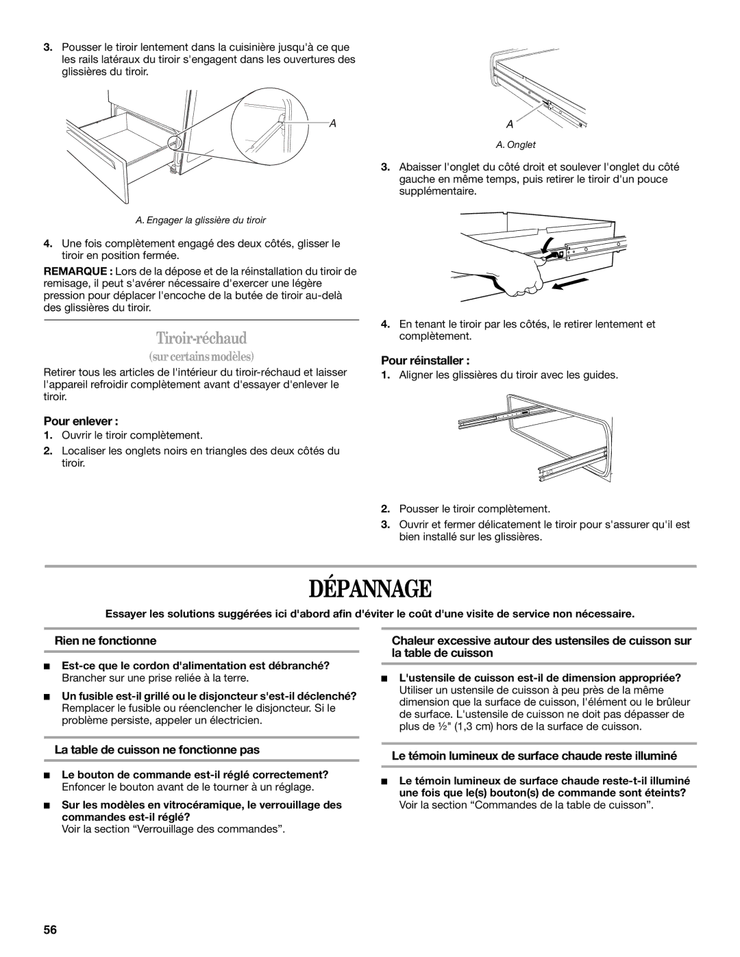 Whirlpool GERC4110PB2 manual Dépannage, Rien ne fonctionne, La table de cuisson ne fonctionne pas 