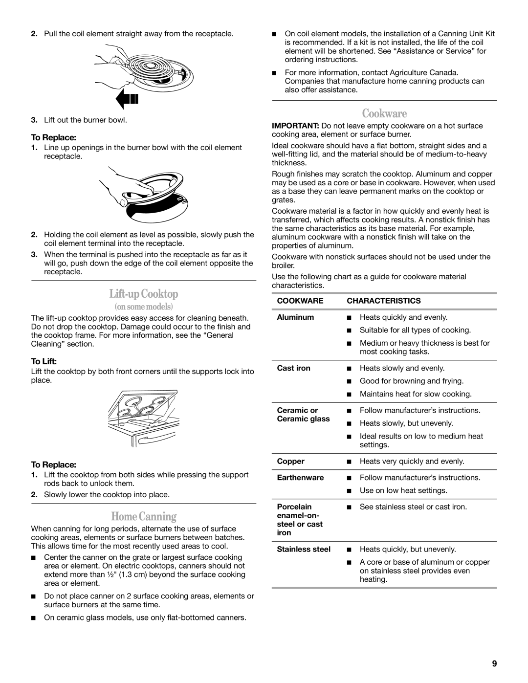 Whirlpool GERC4110PB2 manual Lift-up Cooktop, Home Canning, Cookware, To Replace, To Lift 