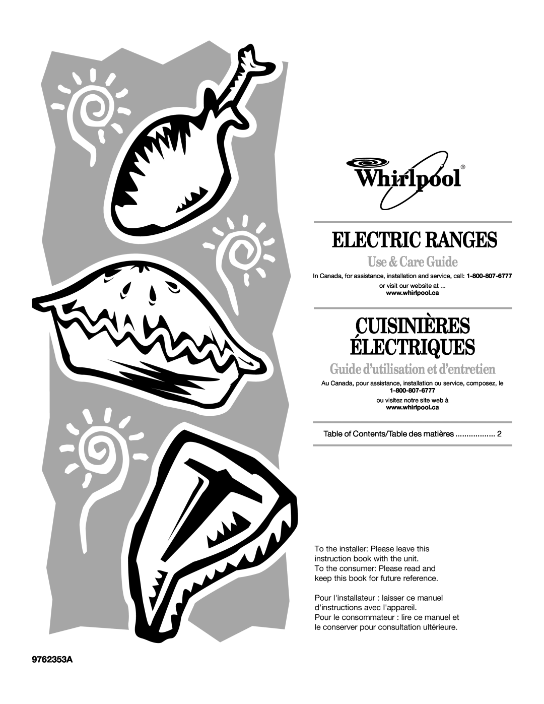 Whirlpool GERC4110PB2 manual 9762353A, Electric Ranges, Cuisinières Électriques, Use & Care Guide 