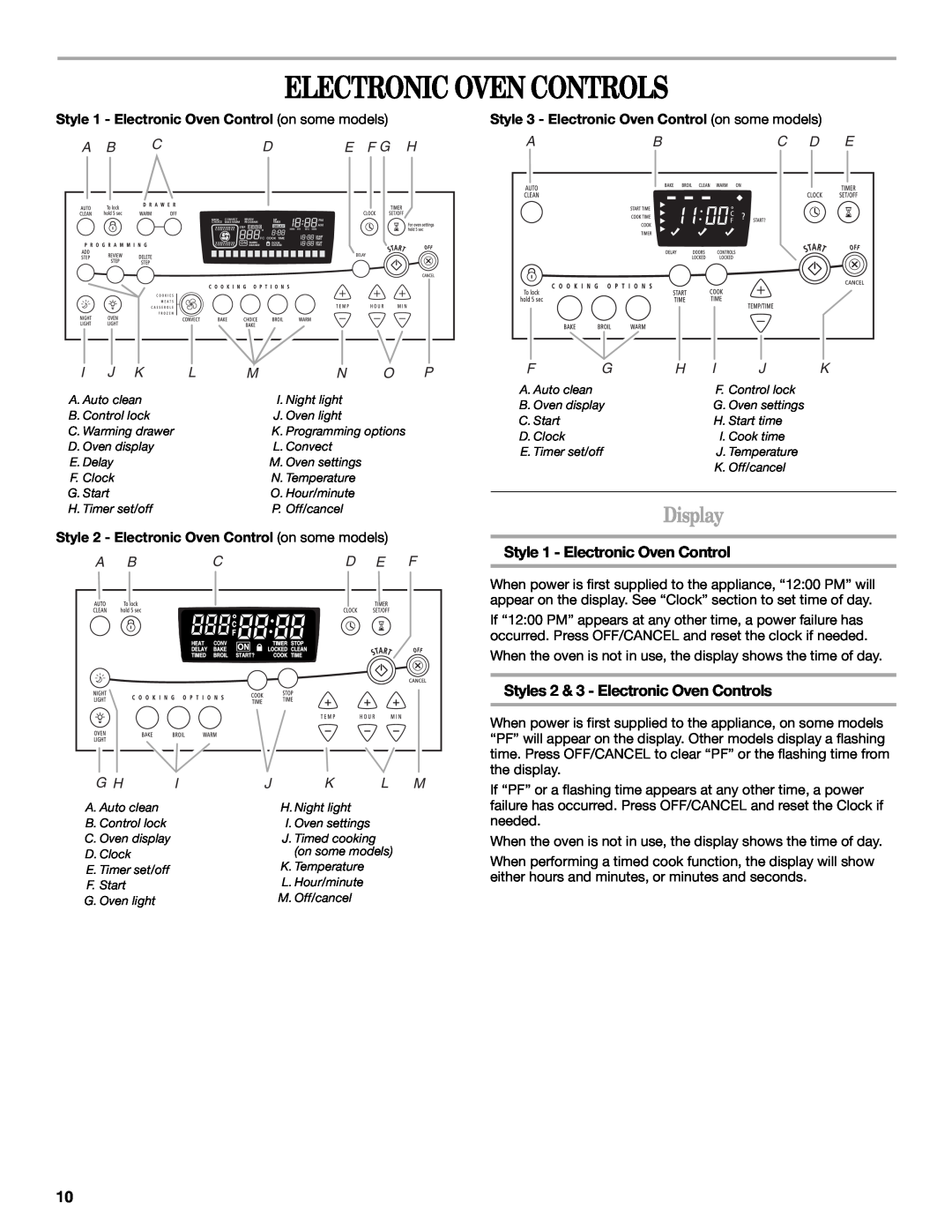 Whirlpool GERC4110PB2 manual Electronic Oven Controls, Display, Style 1 - Electronic Oven Control, A B Cde F G H, A Bcd E F 
