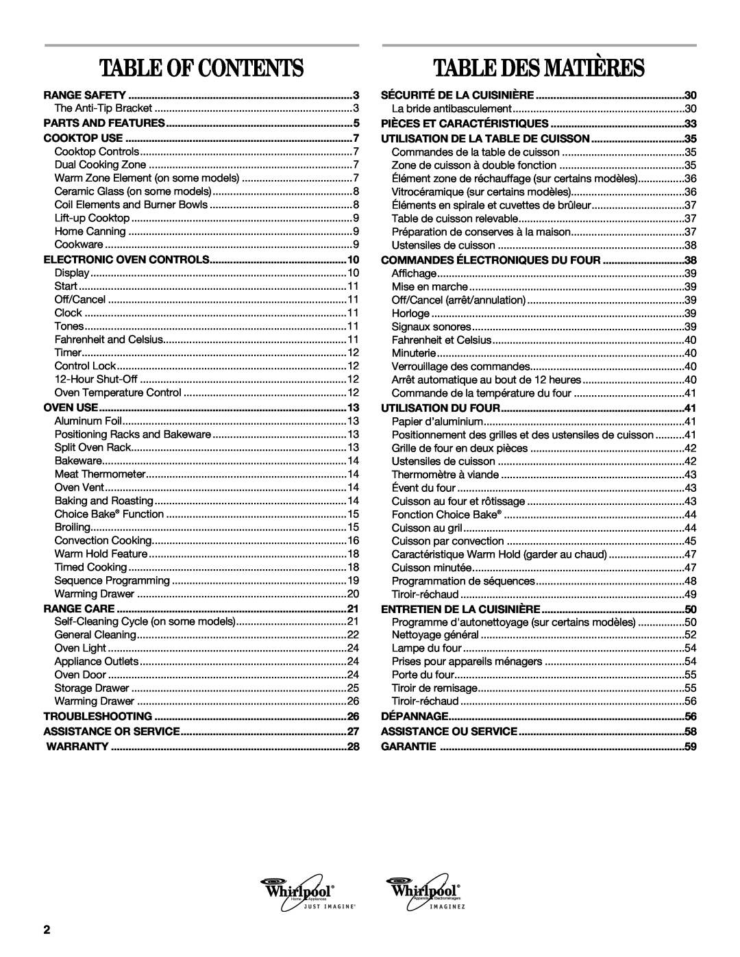 Whirlpool GERC4110PB2 manual Table Des Matières, Table Of Contents 