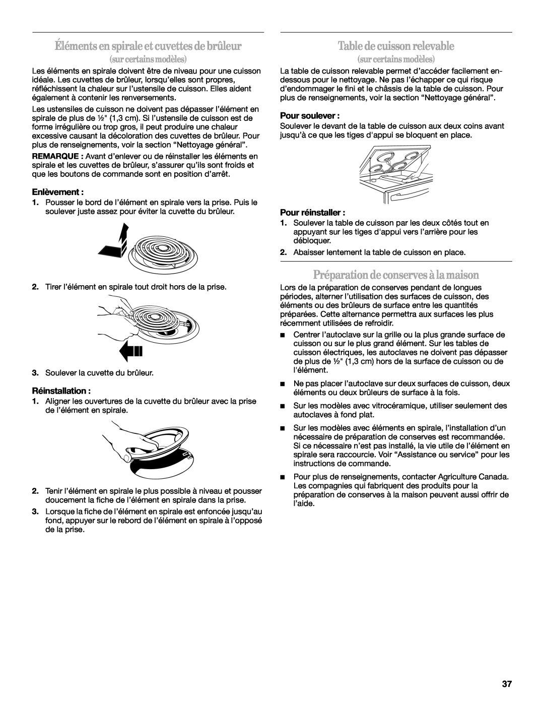 Whirlpool GERC4110PB2 manual Table de cuisson relevable, Préparation de conserves à la maison, Enlèvement, Réinstallation 