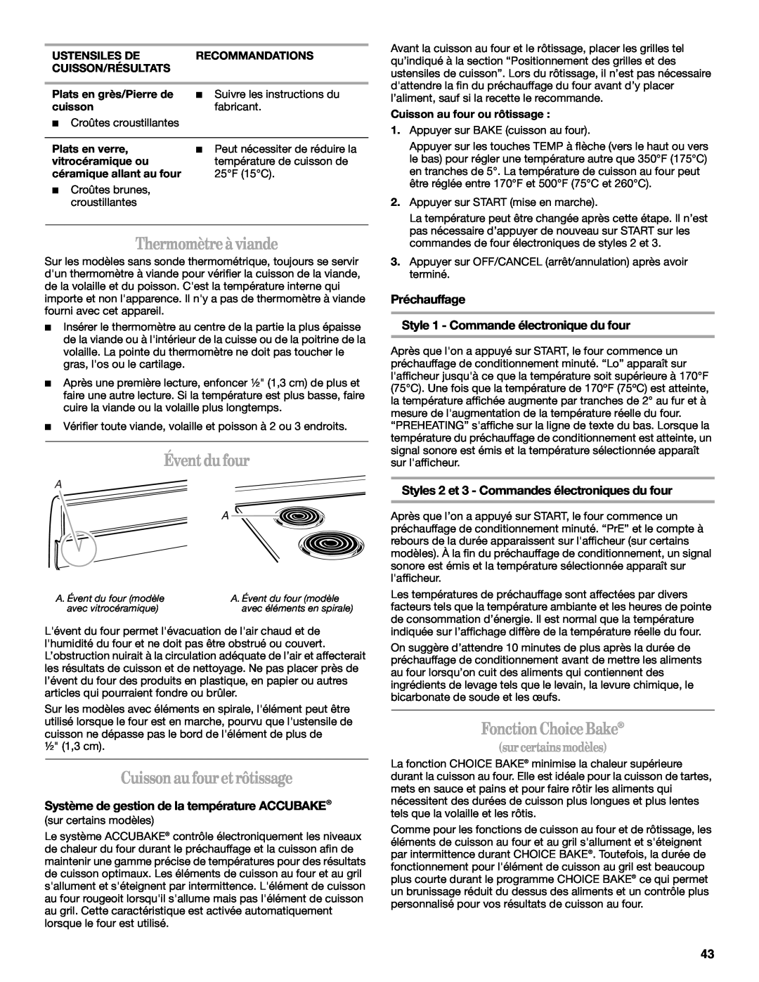 Whirlpool GERC4110PB2 manual Thermomètre à viande, Évent du four, Cuisson au four et rôtissage, Fonction Choice Bake 
