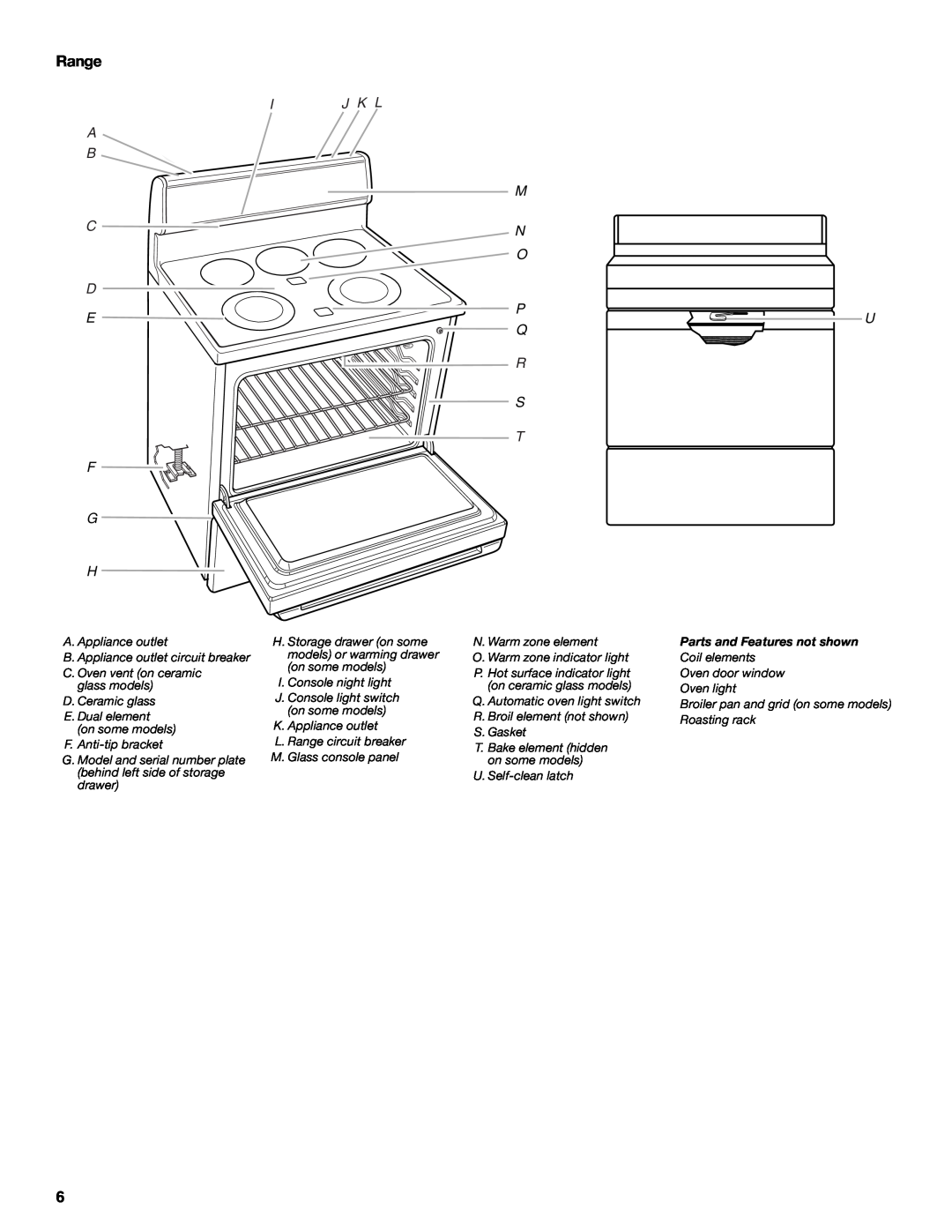 Whirlpool GERC4110PB2 manual Range, Ij K L A B M C N O D P E U Q R S T F G H, Parts and Features not shown 