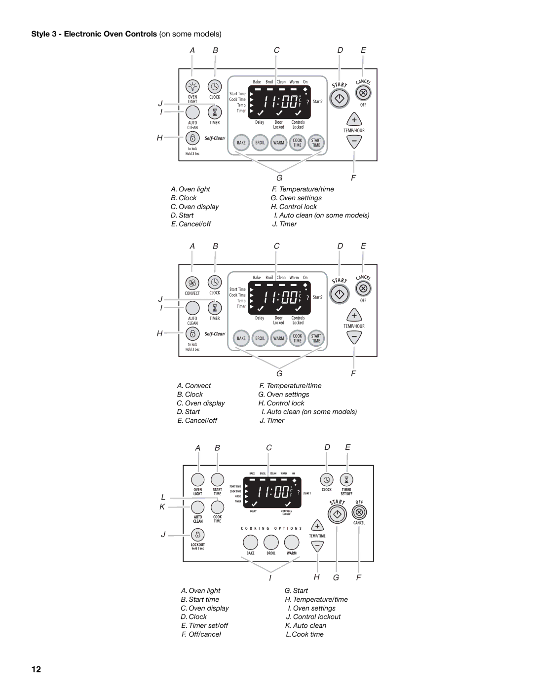 Whirlpool GERC4110SB0 manual Style 3 Electronic Oven Controls on some models, Bcd E 