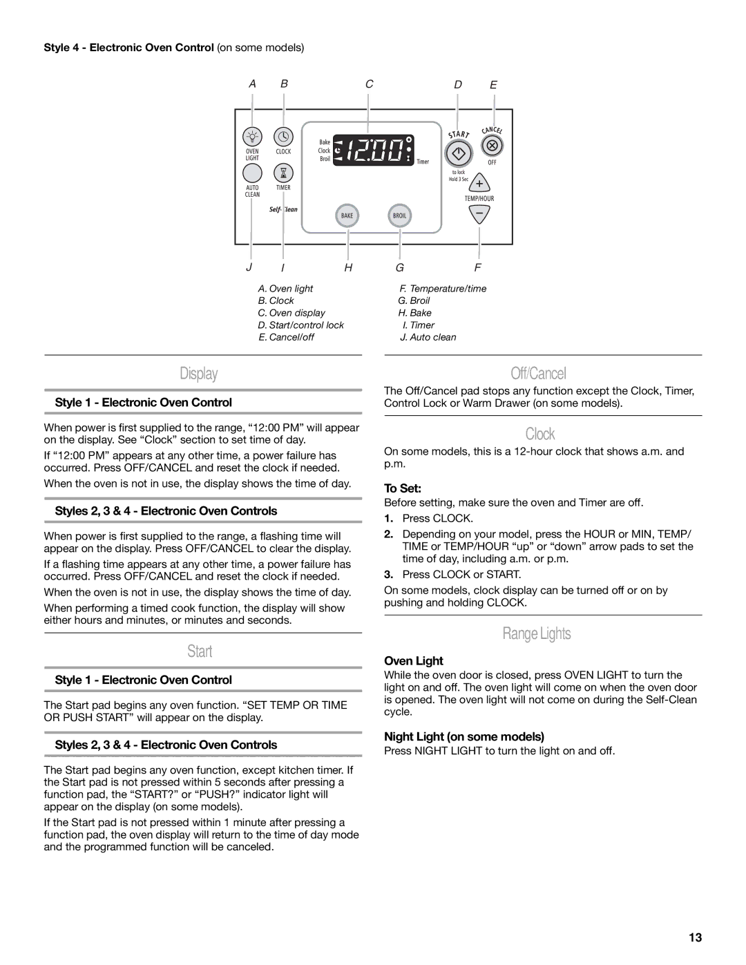 Whirlpool GERC4110SB0 manual Display, Start, Off/Cancel, Clock, RangeLights 