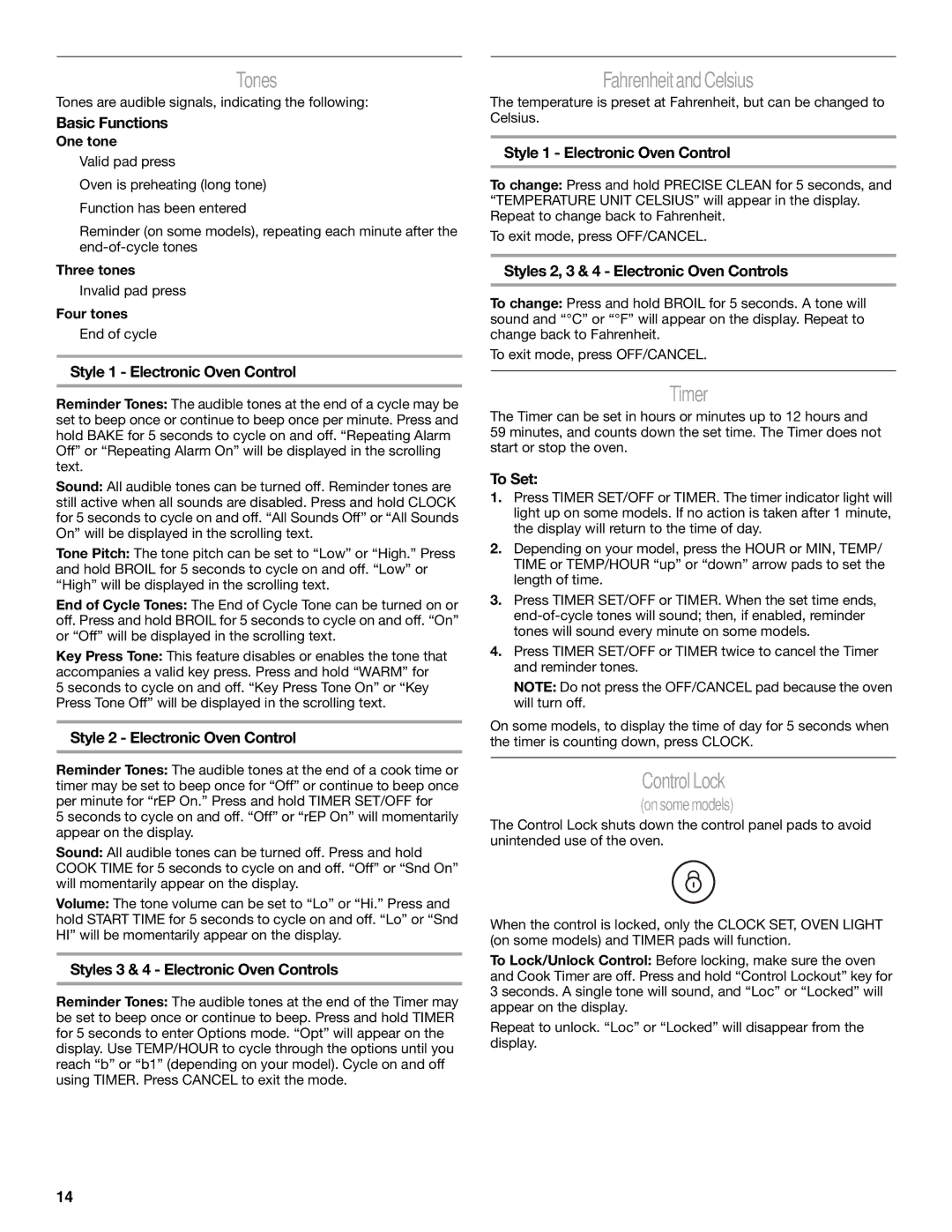 Whirlpool GERC4110SB0 manual Tones, FahrenheitandCelsius, Timer, ControlLock 