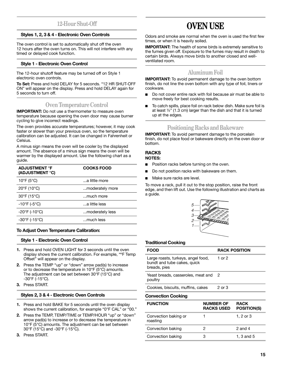 Whirlpool GERC4110SB0 manual Oven USE, HourShut-Off, OvenTemperatureControl, AluminumFoil, PositioningRacks andBakeware 