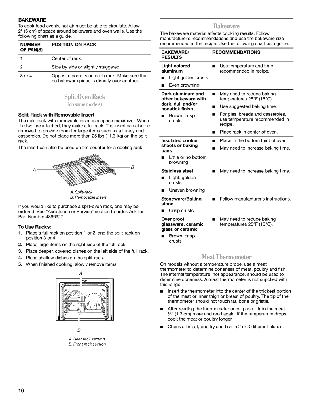 Whirlpool GERC4110SB0 manual SplitOvenRack, Bakeware, MeatThermometer 