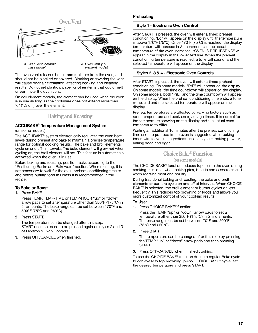 Whirlpool GERC4110SB0 manual OvenVent, BakingandRoasting, ChoiceBake Function 