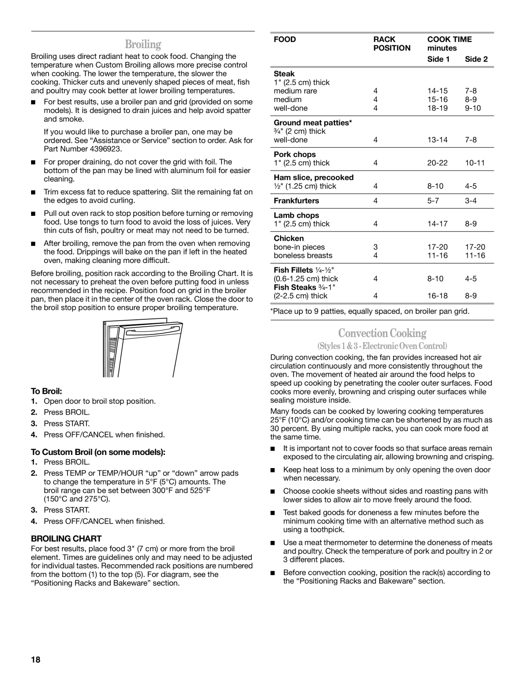 Whirlpool GERC4110SB0 manual ConvectionCooking, To Broil, To Custom Broil on some models, Broiling Chart 