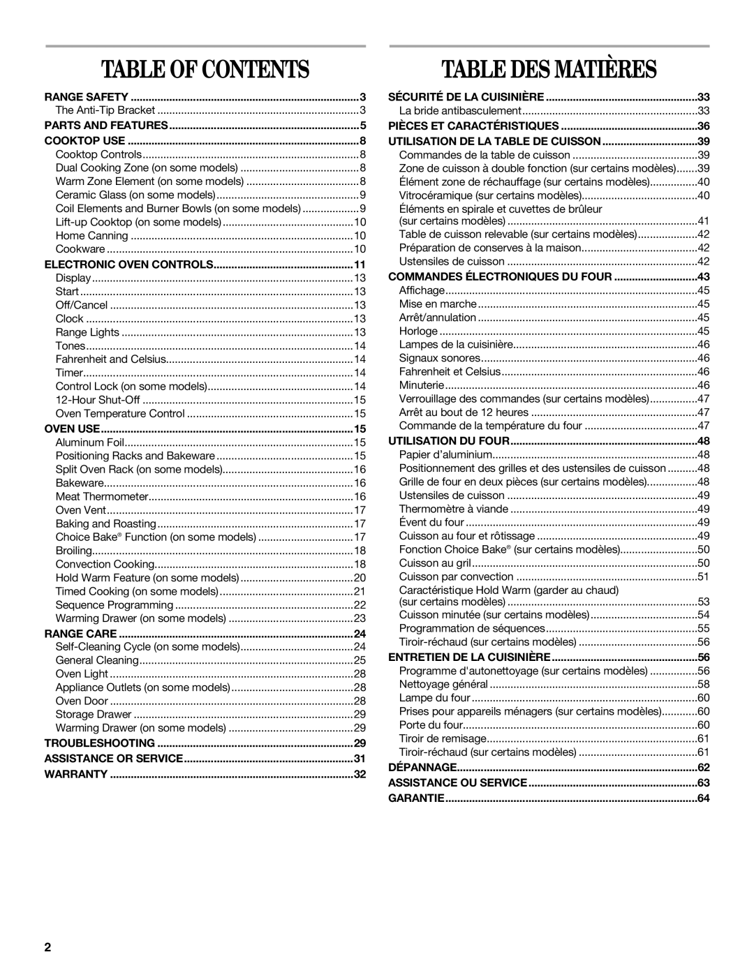 Whirlpool GERC4110SB0 manual Table of Contents 