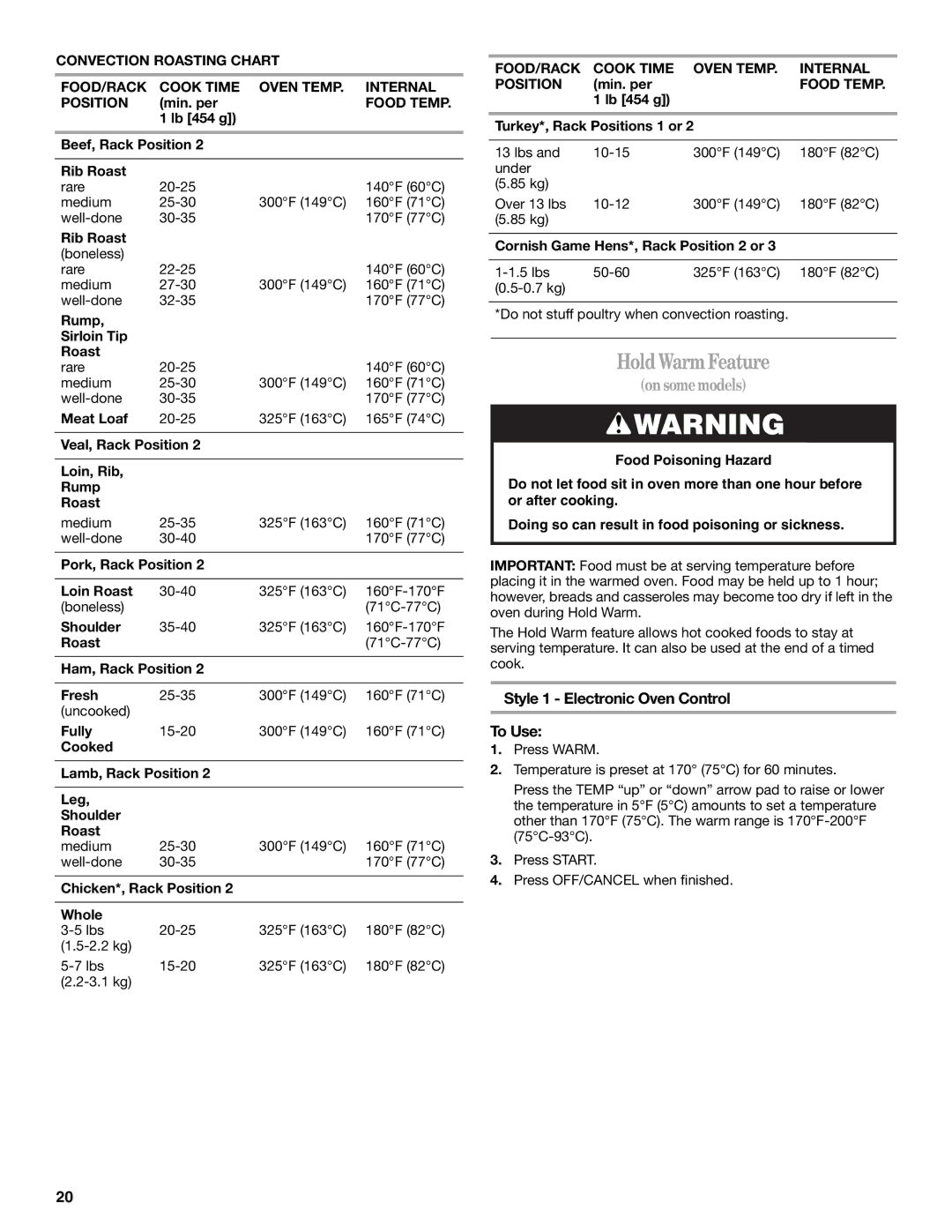 Whirlpool GERC4110SB0 manual HoldWarmFeature, Style 1 Electronic Oven Control To Use, Food Temp 