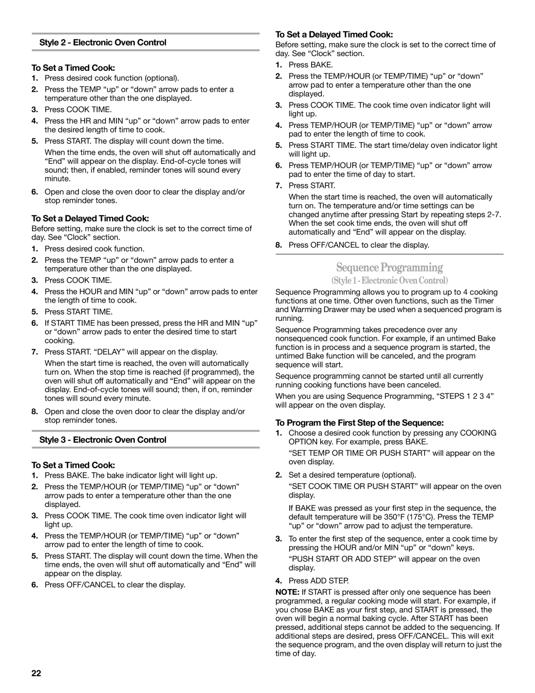 Whirlpool GERC4110SB0 manual SequenceProgramming, Style 2 Electronic Oven Control To Set a Timed Cook 
