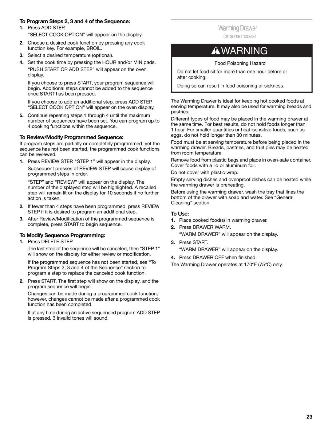 Whirlpool GERC4110SB0 WarmingDrawer, To Program Steps 2, 3 and 4 of the Sequence, To Review/Modify Programmed Sequence 