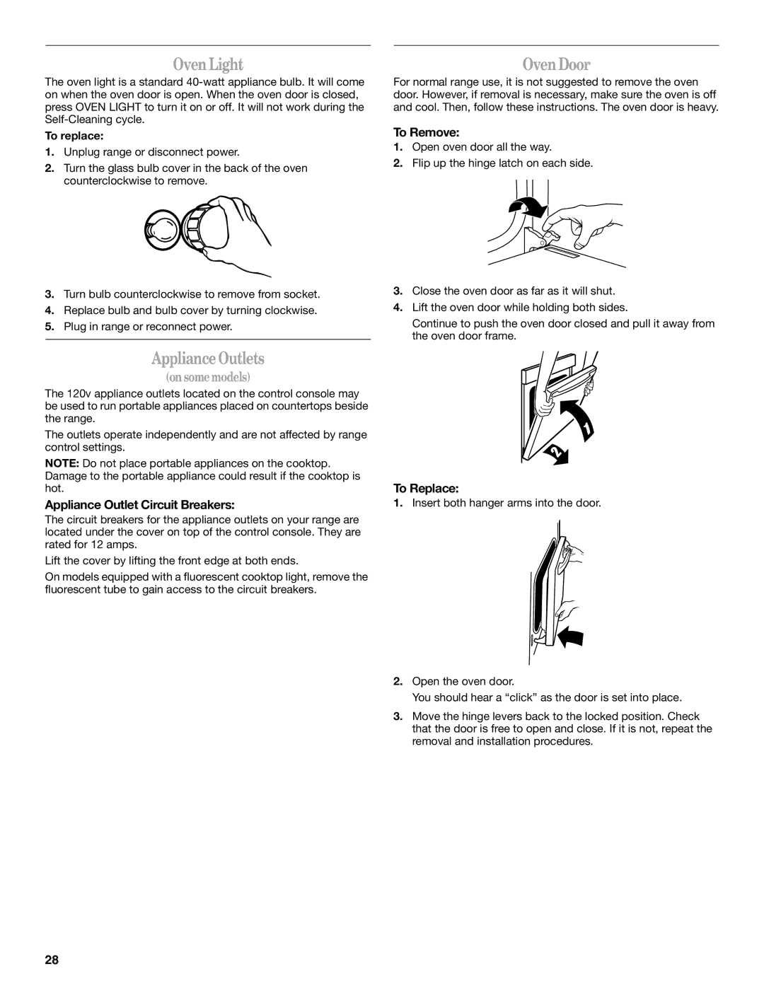 Whirlpool GERC4110SB0 manual OvenLight, ApplianceOutlets, OvenDoor, Appliance Outlet Circuit Breakers, To replace 