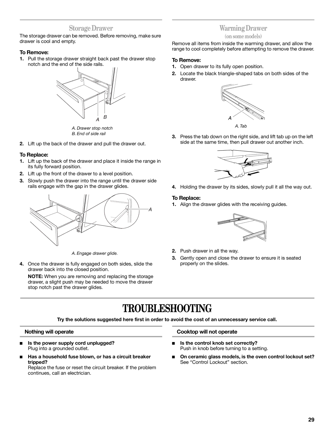 Whirlpool GERC4110SB0 manual Troubleshooting, StorageDrawer, Nothing will operate, Cooktop will not operate 