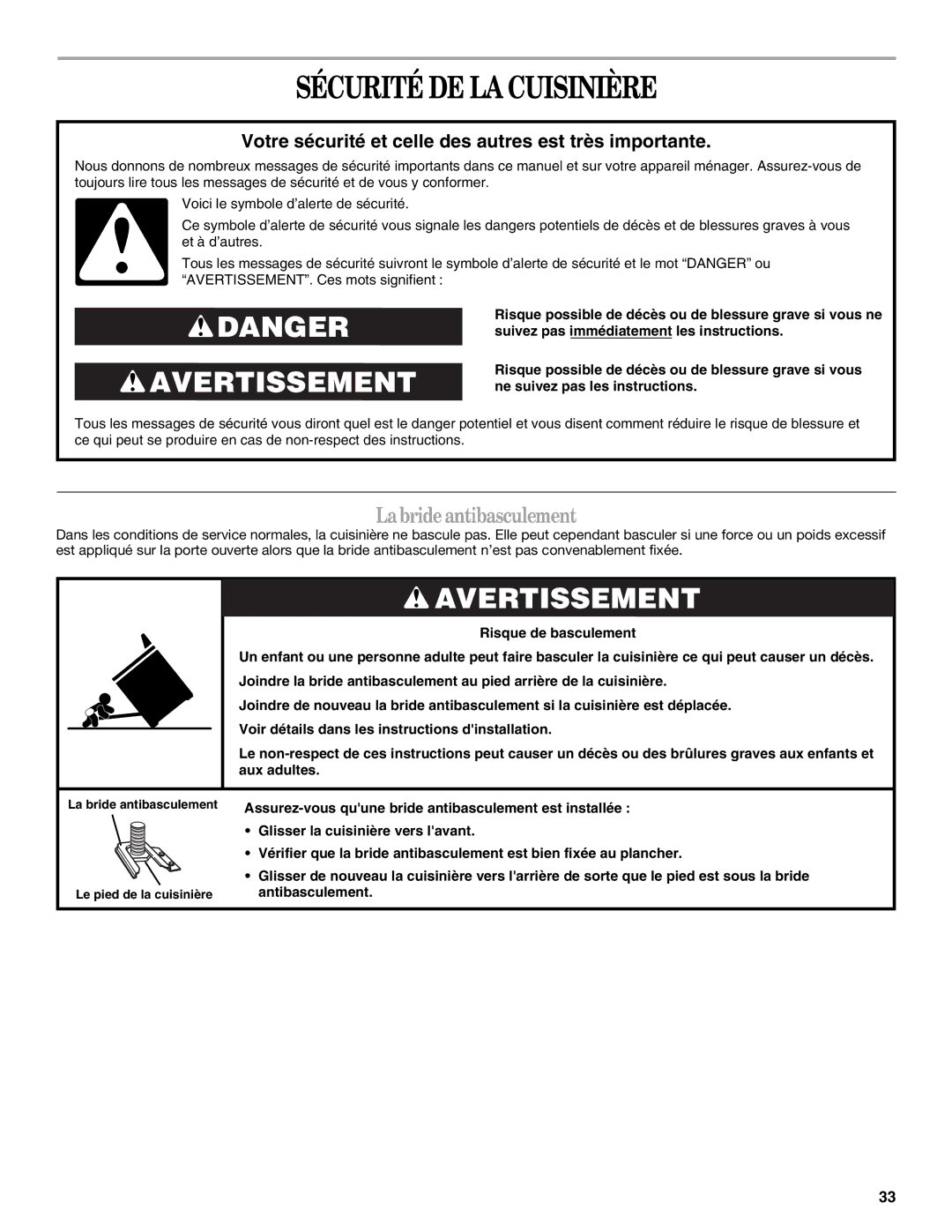 Whirlpool GERC4110SB0 manual Sécurité DE LA Cuisinière, Labrideantibasculement 