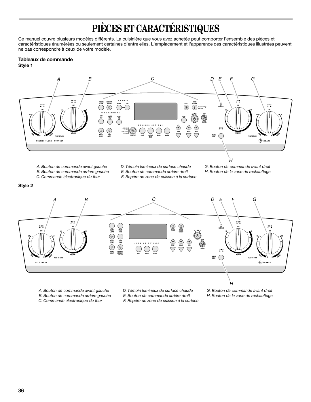 Whirlpool GERC4110SB0 manual Pièces ET Caractéristiques, Tableaux de commande 