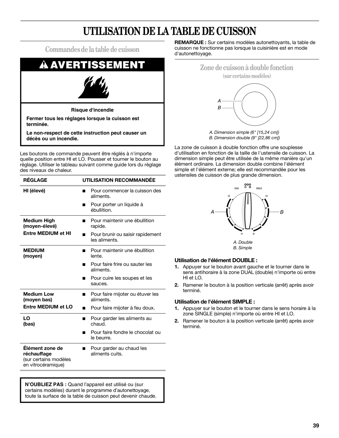 Whirlpool GERC4110SB0 manual Utilisation DE LA Table DE Cuisson, Commandesdelatabledecuisson, Zonedecuissonàdoublefonction 