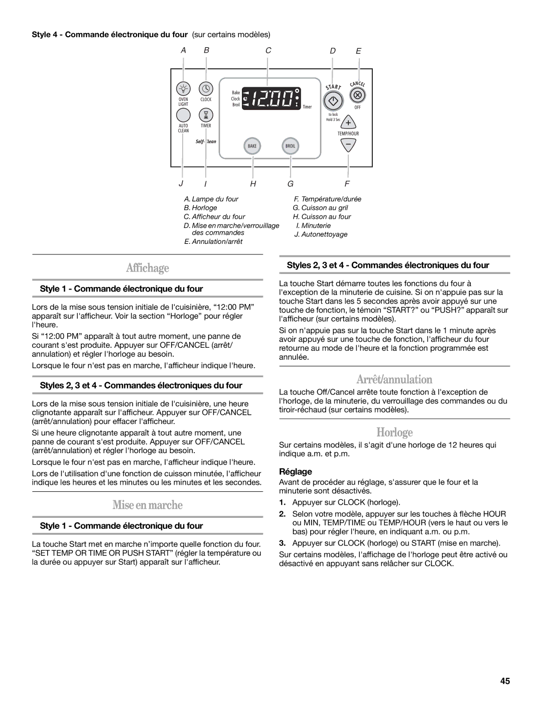 Whirlpool GERC4110SB0 manual Affichage, Miseenmarche, Arrêt/annulation, Horloge 