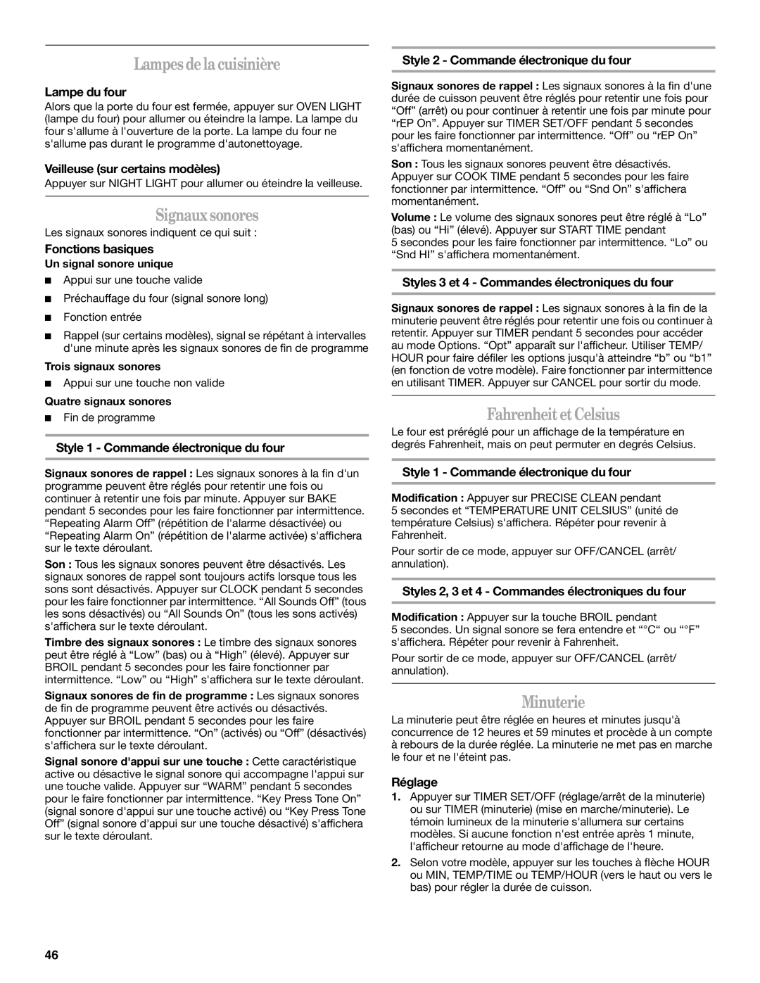 Whirlpool GERC4110SB0 manual Lampesdela cuisinière, Signauxsonores, FahrenheitetCelsius, Minuterie 