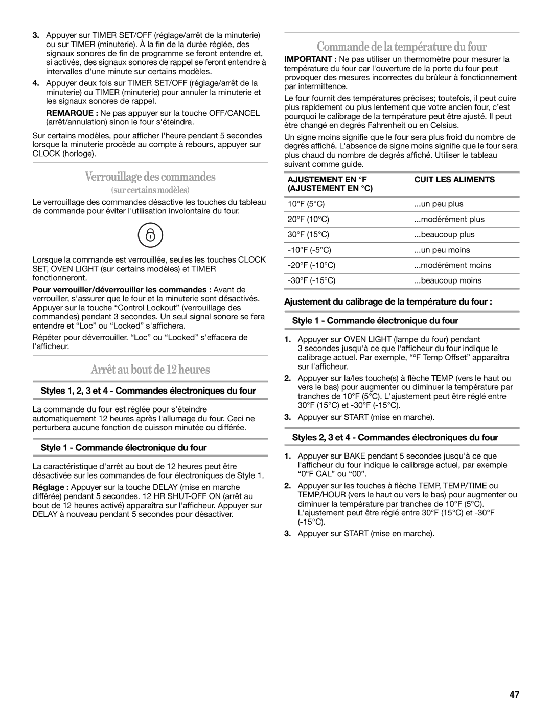 Whirlpool GERC4110SB0 manual Verrouillagedes commandes, Arrêtauboutde12heures, Commandedelatempératuredufour 