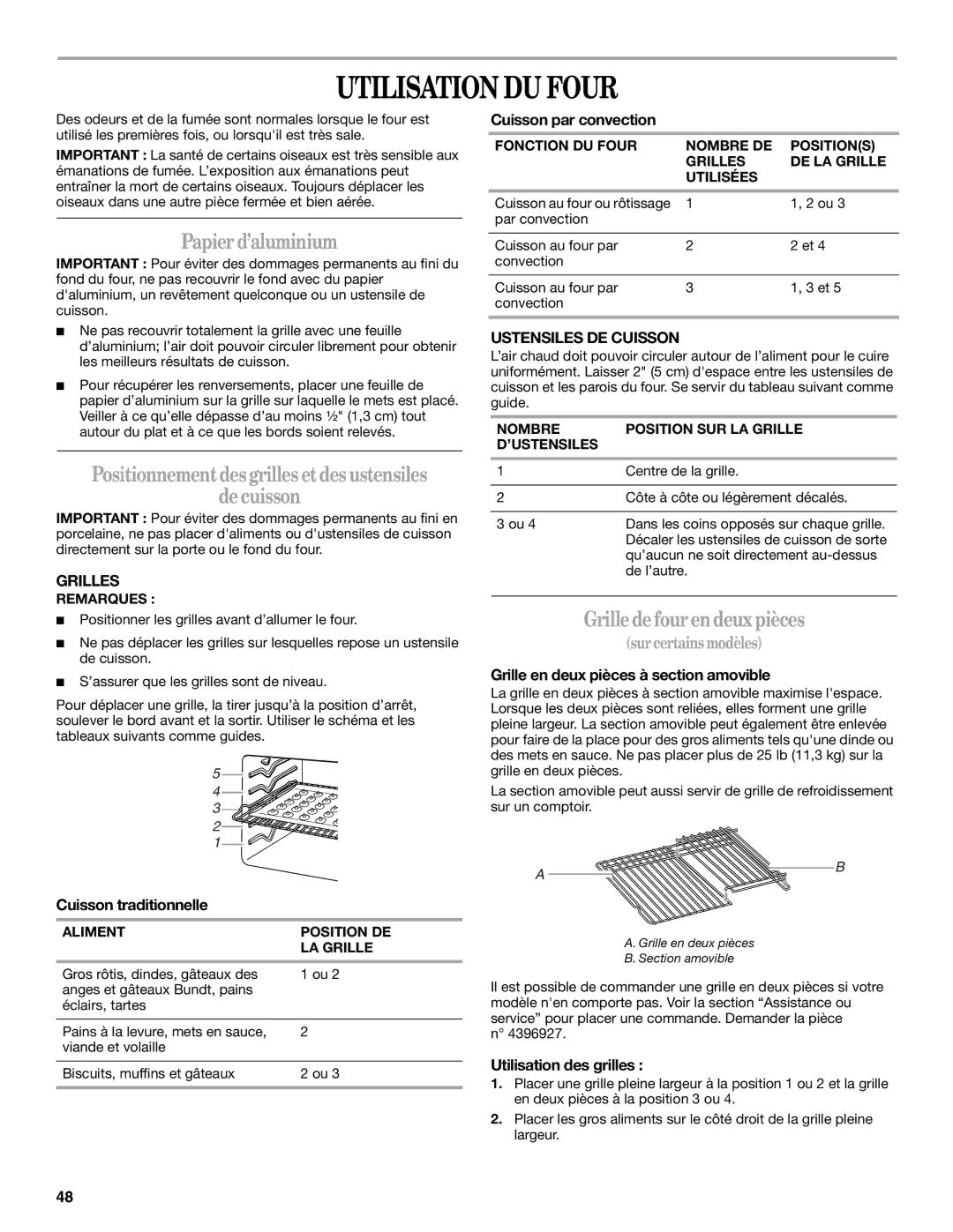 Whirlpool GERC4110SB0 manual Utilisation DU Four, Papierd’aluminium, Positionnementdesgrilles etdesustensiles Decuisson 