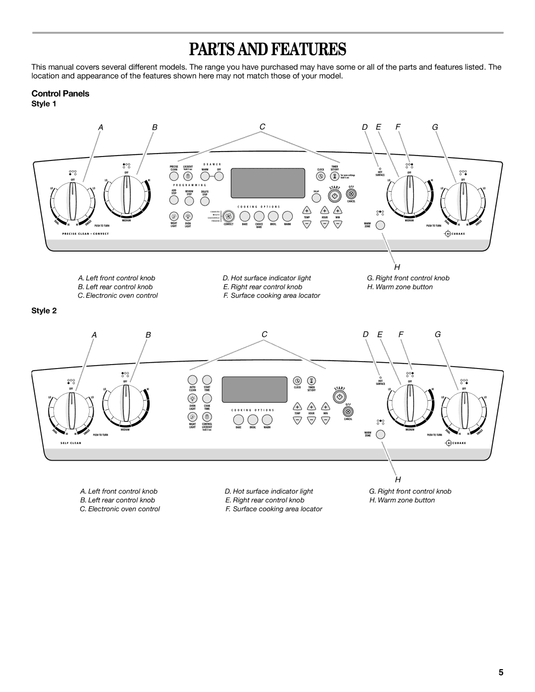 Whirlpool GERC4110SB0 manual Parts and Features, Control Panels, Style 