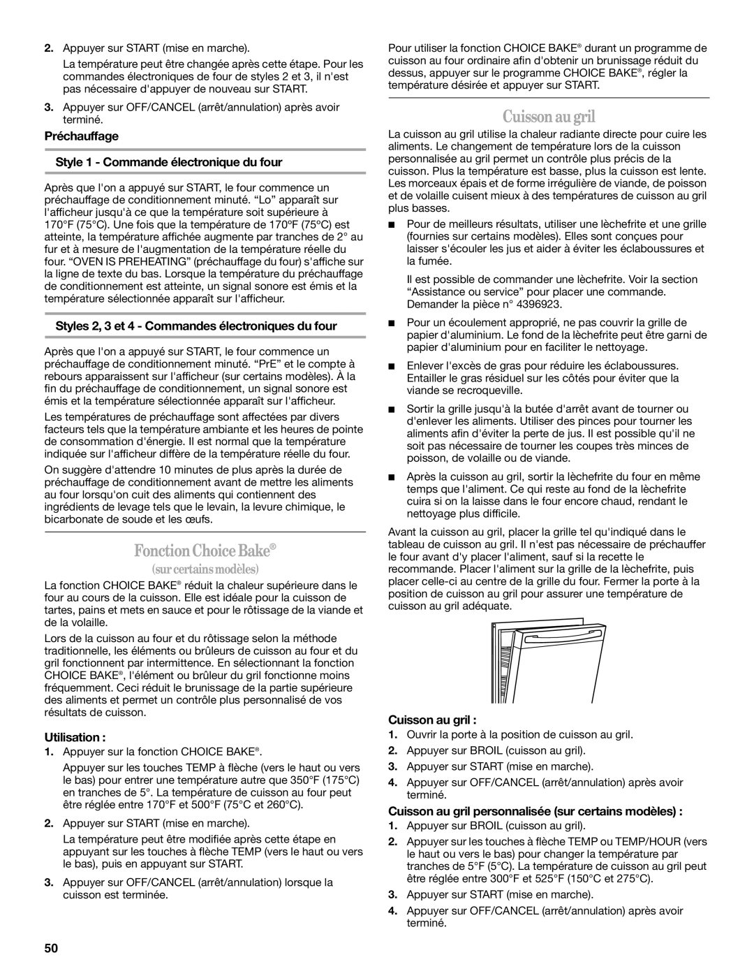 Whirlpool GERC4110SB0 manual FonctionChoiceBake, Cuisson augril, Préchauffage Style 1 Commande électronique du four 