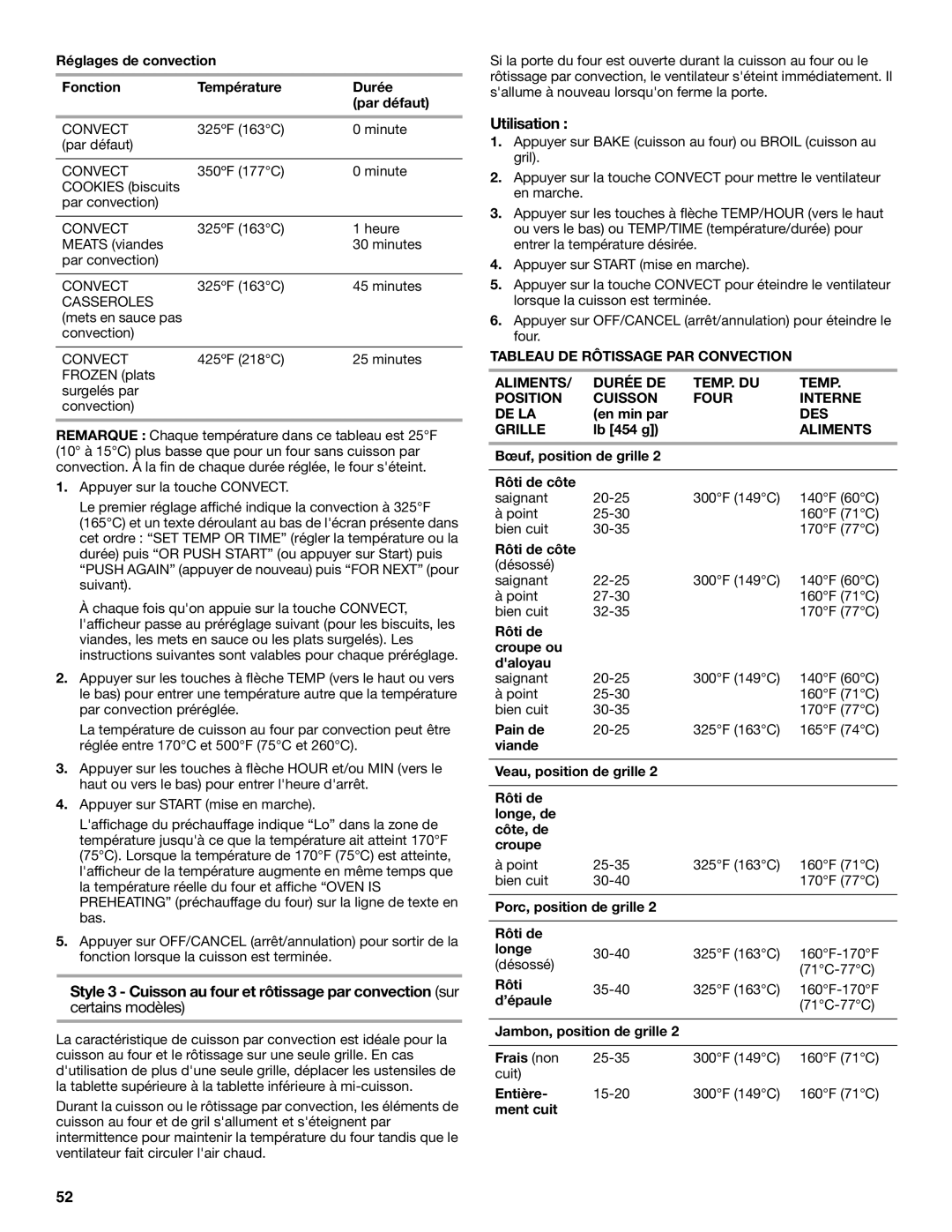 Whirlpool GERC4110SB0 manual Style 3 Cuisson au four et rôtissage par convection sur, Certains modèles, Des 