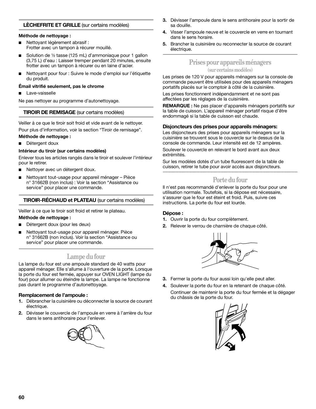 Whirlpool GERC4110SB0 manual Lampedufour, Prises pourappareils ménagers, Portedufour 