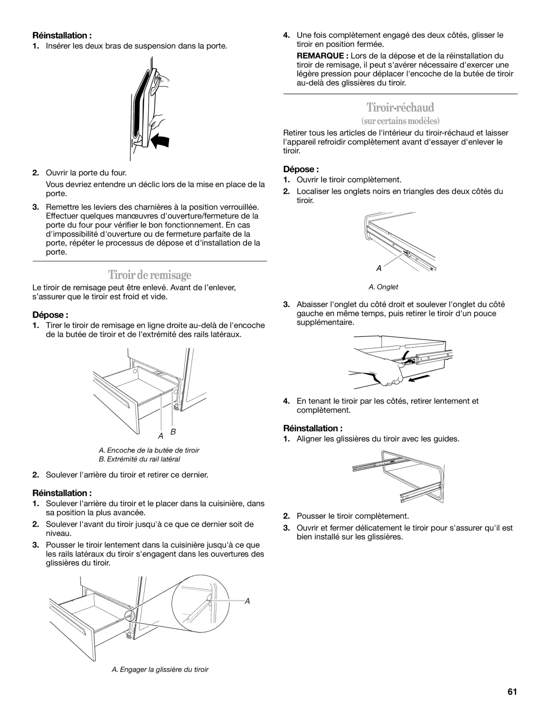 Whirlpool GERC4110SB0 manual Tiroirderemisage, Réinstallation 