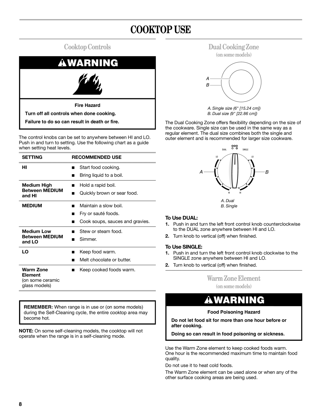 Whirlpool GERC4110SB0 manual Cooktop USE, CooktopControls, Dual CookingZone, WarmZoneElement 