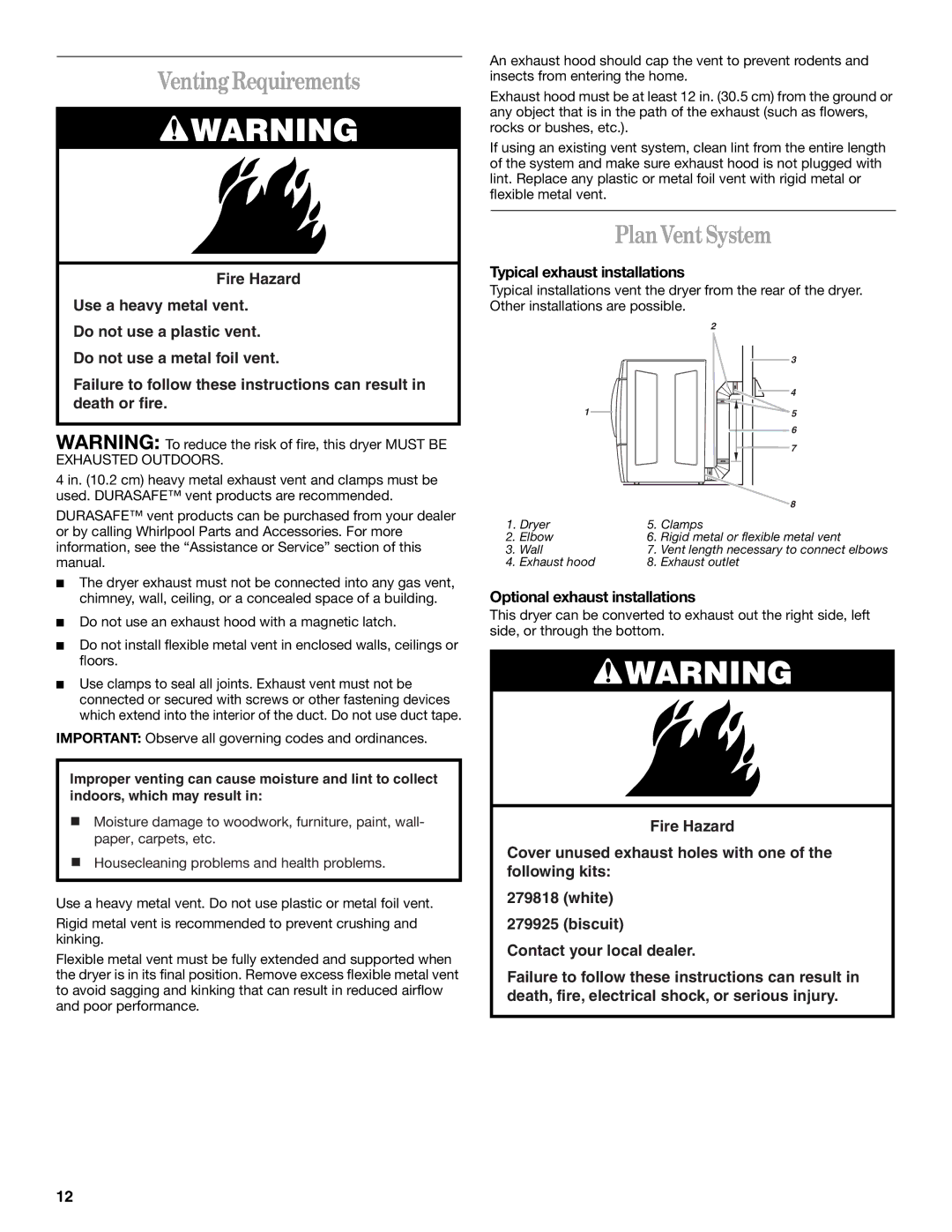 Whirlpool GEW9200LQ0 VentingRequirements, PlanVentSystem, Typical exhaust installations, Optional exhaust installations 