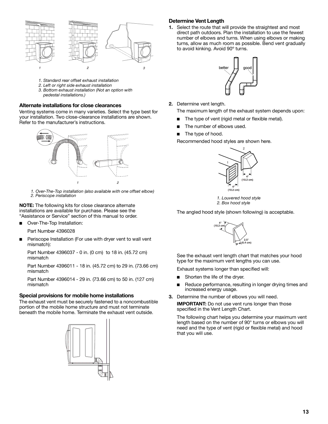 Whirlpool GEW9200LQ0 manual Alternate installations for close clearances, Special provisions for mobile home installations 