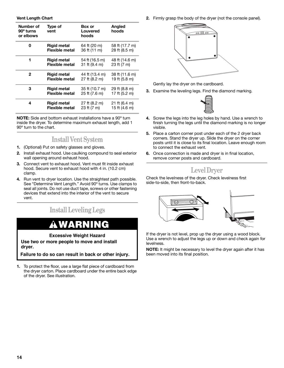 Whirlpool GEW9200LQ0 manual Install VentSystem, Install Leveling Legs, Level Dryer 